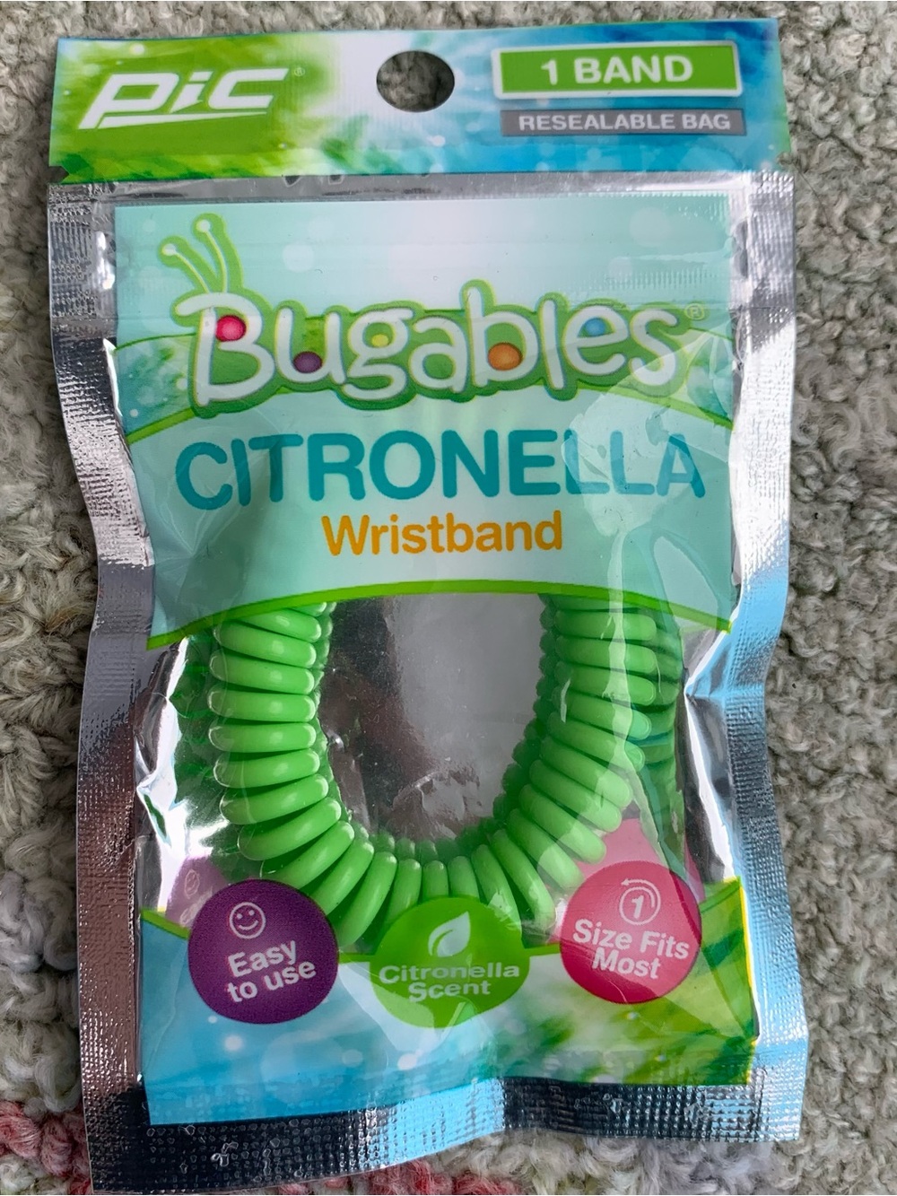 green PIC Bugables Citronella Coil Wrist Band designed to help repel mosquitoes